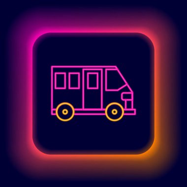 Parlayan neon hattı okul servisi simgesi siyah arkaplanda izole edildi. Toplu taşıma sembolü. Renkli taslak konsepti. Vektör