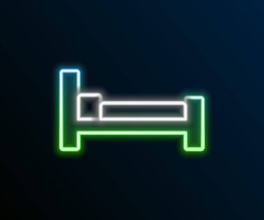 Parlayan neon çizgisi yatak simgesi siyah arkaplanda izole edildi. Renkli taslak konsepti. Vektör