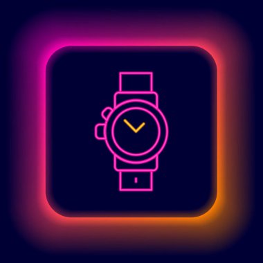 Parlayan neon hattı Kol saati simgesi siyah arkaplanda izole edildi. Kol saati simgesi. Renkli taslak konsepti. Vektör