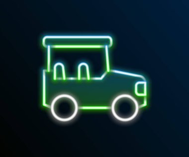 Parlayan neon hattı Safari araba simgesi siyah arkaplanda izole edildi. Renkli taslak konsepti. Vektör