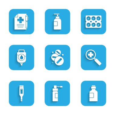 Set Medicine pill or tablet, of medicine syrup, Magnifying glass for search medical, Medical digital thermometer, IV bag, Pills blister pack and prescription and pen icon. Vector