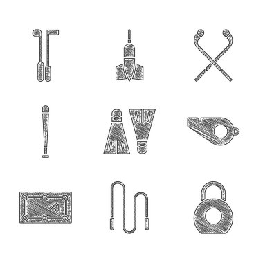 Set Rubber flippers for swimming, Jump rope, Kettlebell, Whistle, Billiard table, Baseball bat, Ice hockey sticks and Golf club icon. Vector