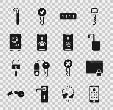 Set Mobile and graphic password, Folder lock, Open padlock, Password protection, Eye scan, Safe, Crowbar and with fingerprint icon. Vector