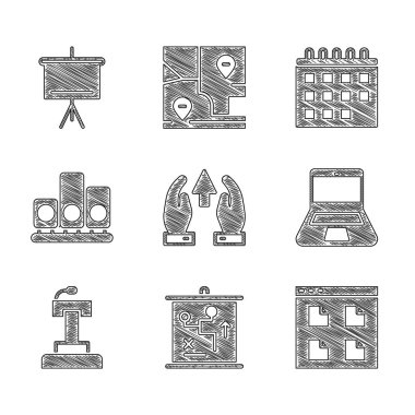 Set Growth chart and progress, Planning strategy concept, Browser files, Laptop, Stage stand or tribune, Ranking star, Calendar and Chalkboard icon. Vector