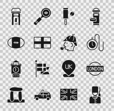 Set British soldier, London sign, Watch with a chain, Wood cricket bat and ball, Flag of England, Rugby, phone booth and Sherlock Holmes icon. Vector