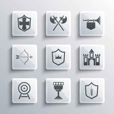 Set Medieval goblet, shield with sword, Castle, fortress, Shield crown, Target arrow, bow and,  and Trumpet flag icon. Vector
