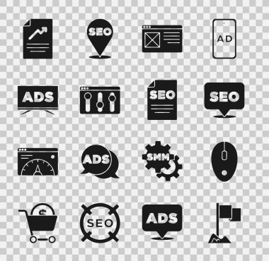 Set Location marker, Computer mouse, SEO optimization, Browser window, setting, Advertising, Document with graph chart and  icon. Vector