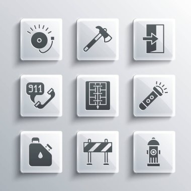 Set Road barrier, Fire hydrant, Flashlight, Evacuation plan, Canister fuel, Telephone call 911, Ringing alarm bell and exit icon. Vector