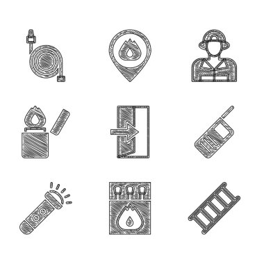 Set Fire exit, Matchbox and matches, escape, Walkie talkie, Flashlight, Lighter, Firefighter and hose reel icon. Vector