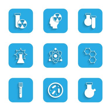Set Atom, Petri dish with bacteria, Test tube and flask, Chemical formula, explosion,  and radiation icon. Vector