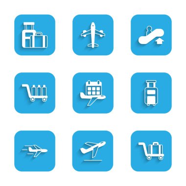 Set Calendar and airplane, Plane takeoff, Trolley baggage, Suitcase, Escalator up and  icon. Vector