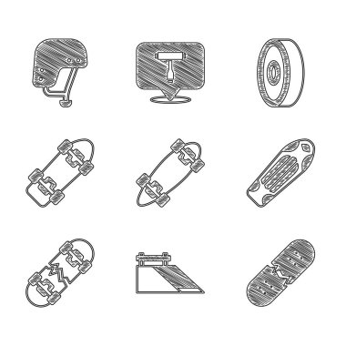 Set Longboard or skateboard, Skate park, Broken deck, Skateboard, ball bearing and helmet icon. Vector