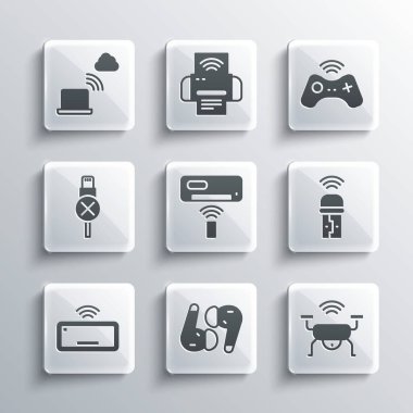 Set Air headphones, Smart drone system, Usb wireless adapter, conditioner, Computer keyboard, No usb cable cord, Network cloud connection and Wireless gamepad icon. Vector