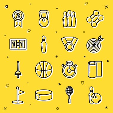 Set line Bowling pin and ball, Fitness mat roll, Target with arrow, Sport mechanical scoreboard, Medal and  icon. Vector