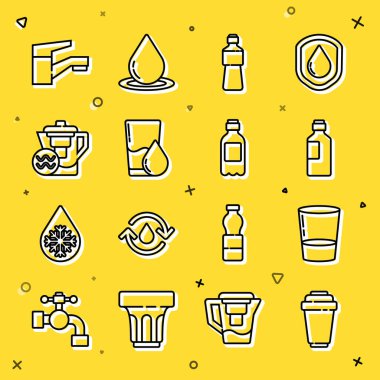 Set line Water filter cartridge, Glass with water, Bottle of, jug, tap and  icon. Vector
