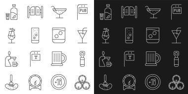 Set line Wooden barrels, Bottle opener, Cocktail, Effervescent tablets in water, Vodka with pepper and glass and Glass of whiskey icon. Vector