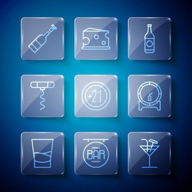 Set line Glass of vodka, Street signboard with Bar, Cocktail, Beer bottle, Alcohol 21 plus, Wine corkscrew, Opened wine and Wooden barrel on rack icon. Vector