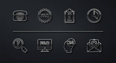 Set line Telephone, Unknown search, Time Management, Support operator in touch, Computer monitor and FAQ, Label with text, Envelope setting and Clipboard question marks icon. Vector