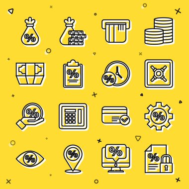 Set line Finance document and lock, Gear with percent, Safe, Credit card, Stacks paper money cash, Money bag and Clock icon. Vector