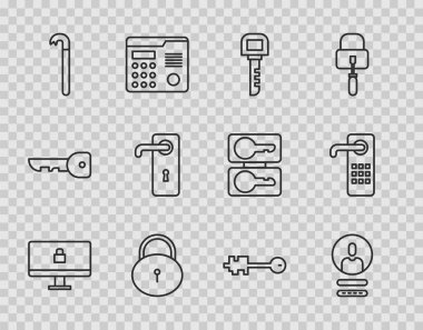 Set line Lock on computer monitor, Create account screen, Key, Crowbar, Door handle, Old key and Digital door lock icon. Vector