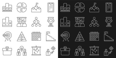 Set line Marketing target strategy, Stair with finish flag, Award cup, Mountains, Training, presentation, over winner podium, Ranking star and Hierarchy organogram chart icon. Vector