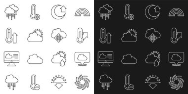 Set line Tornado, Location cloud, Meteorology thermometer, Moon, Sun and weather, Cloud with rain and snow icon. Vector