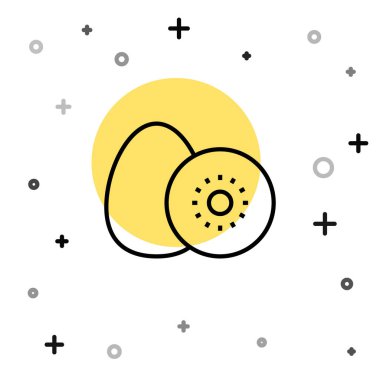 Beyaz arka planda siyah çizgi Kivi meyve simgesi izole edildi. Rastgele dinamik şekiller. Vektör