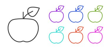 Siyah çizgi Apple simgesi beyaz arkaplanda izole edildi. Fazla kilolu. Sağlıklı diyet menüsü. Fitness diyeti elması. Simgeleri renklendirin. Vektör
