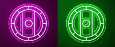 Parlayan neon hattı kalkan Viking ikonu mor ve yeşil arka planda izole edildi. Yuvarlak ahşap kalkan. Güvenlik, güvenlik, koruma, mahremiyet, koruma kavramı. Vektör