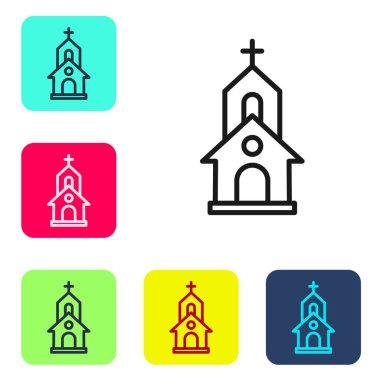 Siyah çizgi kilise binası ikonu beyaz arka planda izole edilmiş. Hıristiyan Kilisesi. Kilisenin dini. Renkli kare düğmelerle simgeleri ayarla. Vektör