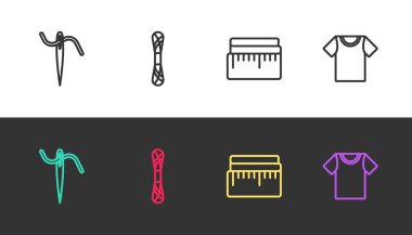Set line Needle for sewing with thread, Yarn, Tape measure and T-shirt on black and white. Vector