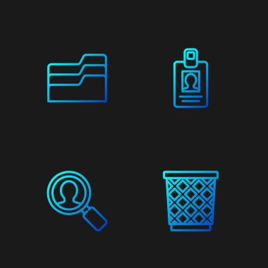 Set line Trash can, Magnifying glass for search people, Document folder and Identification badge. Gradient color icons. Vector
