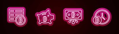 Set line Server bitcoin, Piggy bank, Bitcoin with circuit and clock. Glowing neon icon. Vector