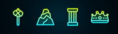 Set line Stone age hammer, Rock stones, Ancient column and King crown. Glowing neon icon. Vector