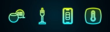 Set line Voice assistant, Vacuum cleaner, Smartphone battery charge and Thermostat. Glowing neon icon. Vector