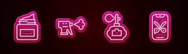 Set line Cream cosmetic jar, Hairdresser pistol spray bottle, Aftershave and Barber online service or platform. Glowing neon icon. Vector