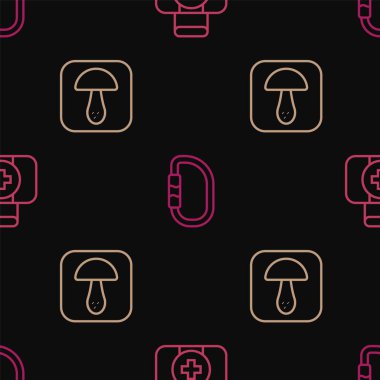 Set line First aid kit, Mushroom and Carabiner on seamless pattern. Vector
