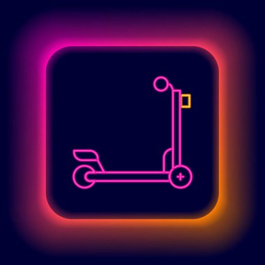 Parlayan neon çizgisi Scooter simgesi siyah arkaplanda izole edildi. Renkli taslak konsepti. Vektör