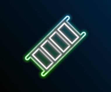 Parlayan neon hattı yangın merdiveni simgesi siyah arkaplanda izole edildi. Pompier merdiveni. İtfaiyeciler merdiveni sırıkla tırmanır. Renkli taslak konsepti. Vektör