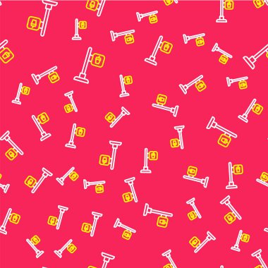 Line Cafe and restaurant location icon isolated seamless pattern on red background. Fork and spoon eatery sign inside pinpoint.  Vector.