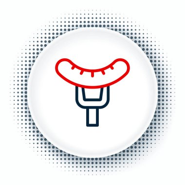 Çatal simgesindeki çizgi sosisi beyaz arkaplanda izole edilmiş. Izgara sosis ve aroma işareti. Renkli taslak konsepti. Vektör