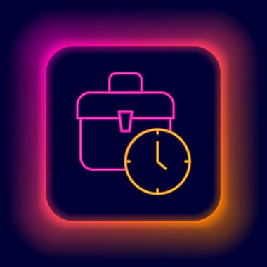 Parlayan neon hattı çalışma zamanı simgesi siyah arkaplanda izole edildi. Ofis çalışanı. Çalışma saatleri. İş çantası. Renkli taslak konsepti. Vektör