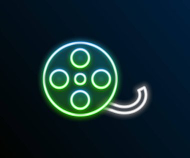 Parlayan neon hattı film makarası simgesi siyah arkaplanda izole edildi. Renkli taslak konsepti. Vektör