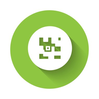 White QR code sample for smartphone scanning icon isolated with long shadow background. Green circle button. Vector