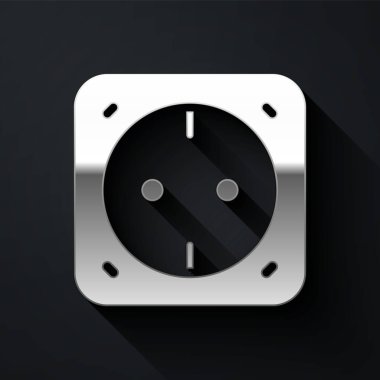 Siyah arkaplanda gümüş elektrik çıkış simgesi izole edildi. Elektrik prizi. Rosette sembolü. Uzun gölge tarzı. Vektör
