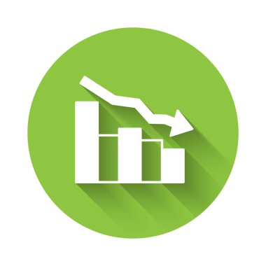 White Financial growth decrease icon isolated with long shadow background. Increasing revenue. Green circle button. Vector