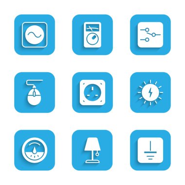 Set Electrical outlet, Table lamp, symbol ground, Solar energy panel, meter, Computer mouse, Switch in electronic circuit and AC voltage source icon. Vector