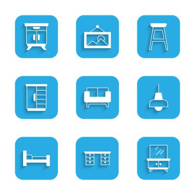 Set Sofa, Office desk, Dressing table, Lamp hanging, Bed, Wardrobe, Chair and Furniture nightstand icon. Vector