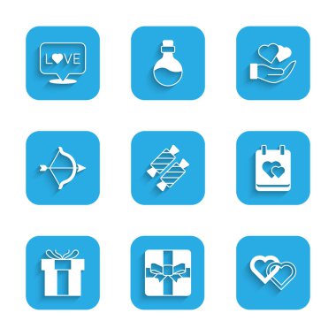 Set Candy, Gift box, Two Linked Hearts, Calendar with heart, Bow arrow, hand and Love text icon. Vector