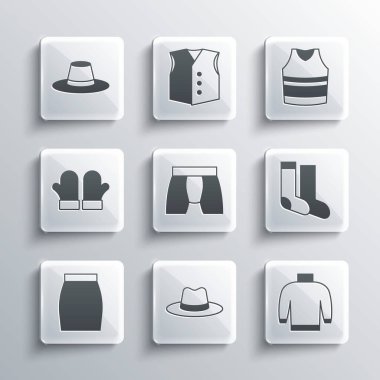 Set Man hat, Sweater, Socks, Men underpants, Skirt, Christmas mittens,  and Undershirt icon. Vector